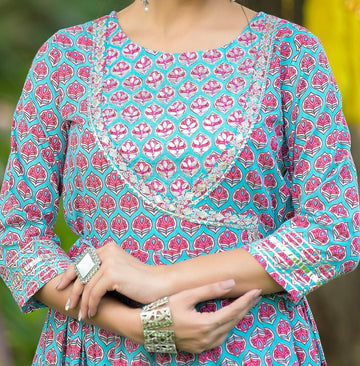 Varanga Blue Ethnic Motif Printed Gotta Patti Embroidered Anarkali Kurta With Palazzo And Dupatta